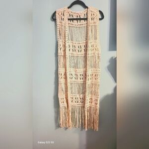 Renamed  long fringe crochet beige vest  size  Small